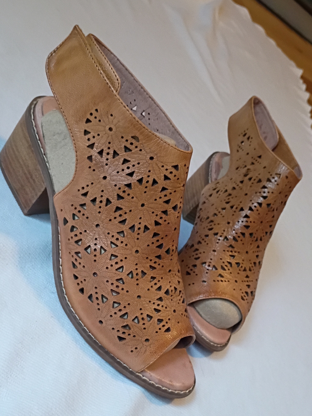 Spring Step Tan Yoshi Laser Cut Floral Slingback Heels